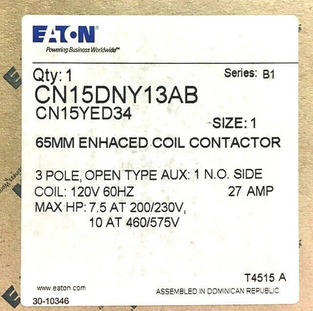 EATON CUTLER HAMMER CN15DNY13AB 110 120V CN15 65mm Enhanced Coil Contactor 27AMP