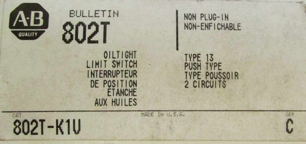 ALLEN BRADLEY 802T K1V Type 13 Oiltight Non Plug In Push Type Limit Switch