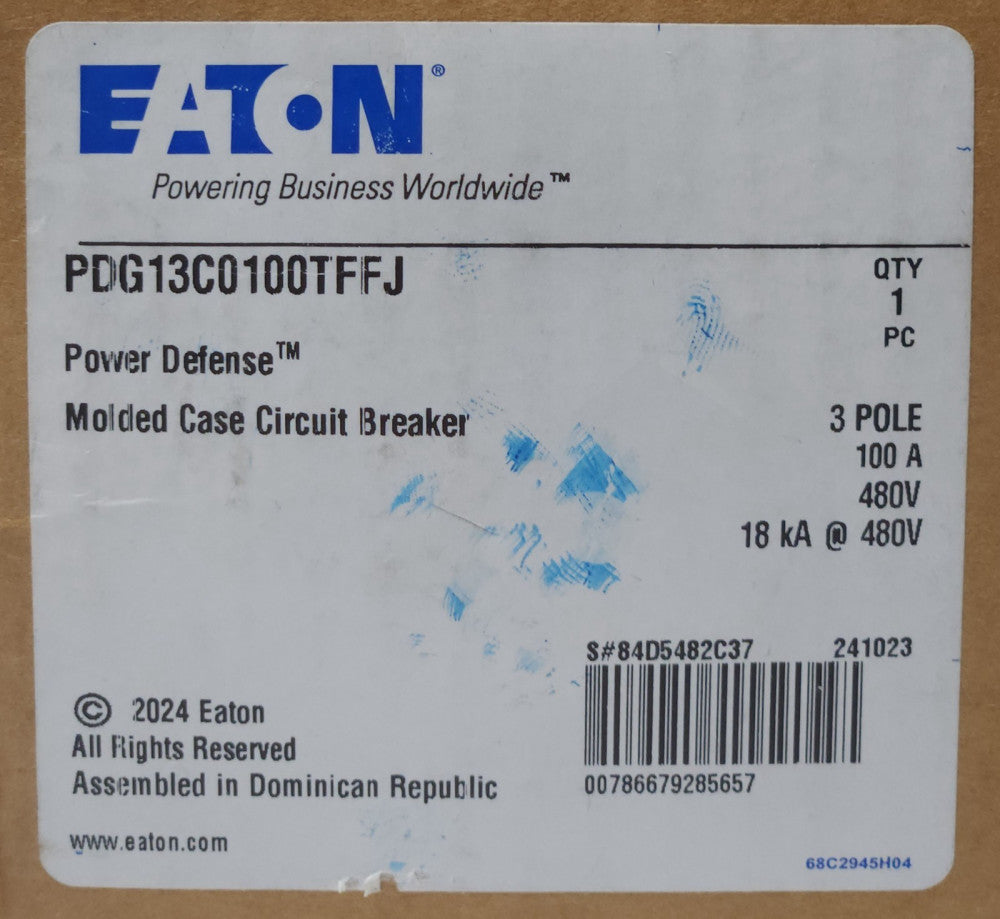 EATON PDG13C0100TFFJ 3 Pole 100 AMP Type PDG1 Power Defense Circuit Breaker 18KA