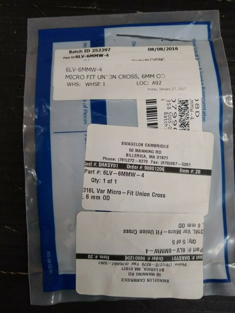 New, Swagelok, 6LV-6MMW-4, Micro Fit Union Cross, 6MM OD