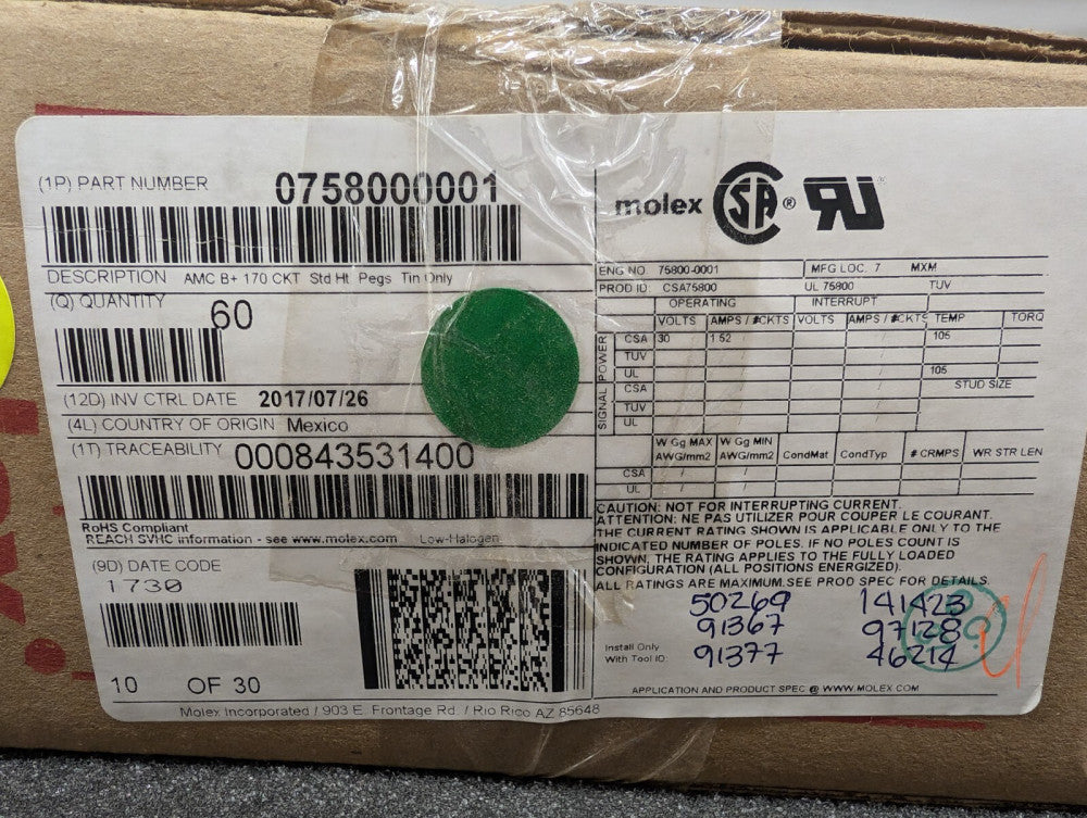 New, Molex, 75800-0001, CONN AMC B+ FEMALE 170POS 0.030