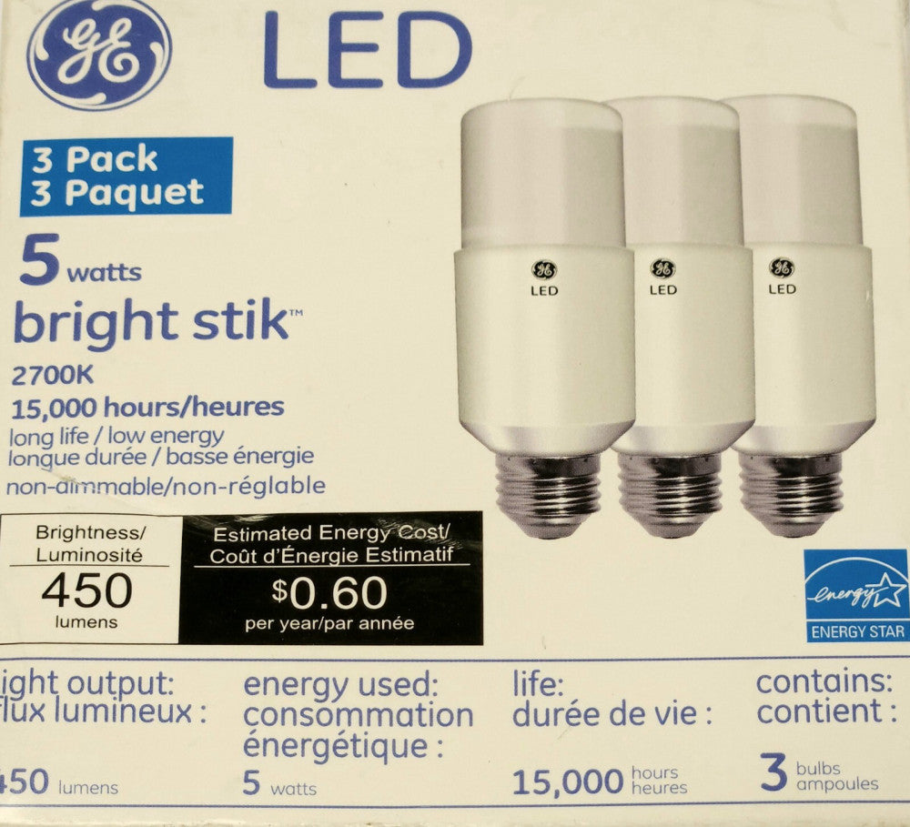 GENERAL ELECTRIC 66256 LED Bright Stik 3 PACK 450 Lumens 2700K 5.5 Watt 80 MA