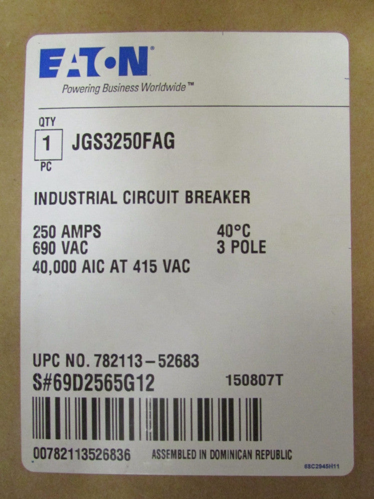EATON CUTLER HAMMER JGS3250FAG 3 P. 250 Amp J250S JGS Circuit Breaker JGS3250NN