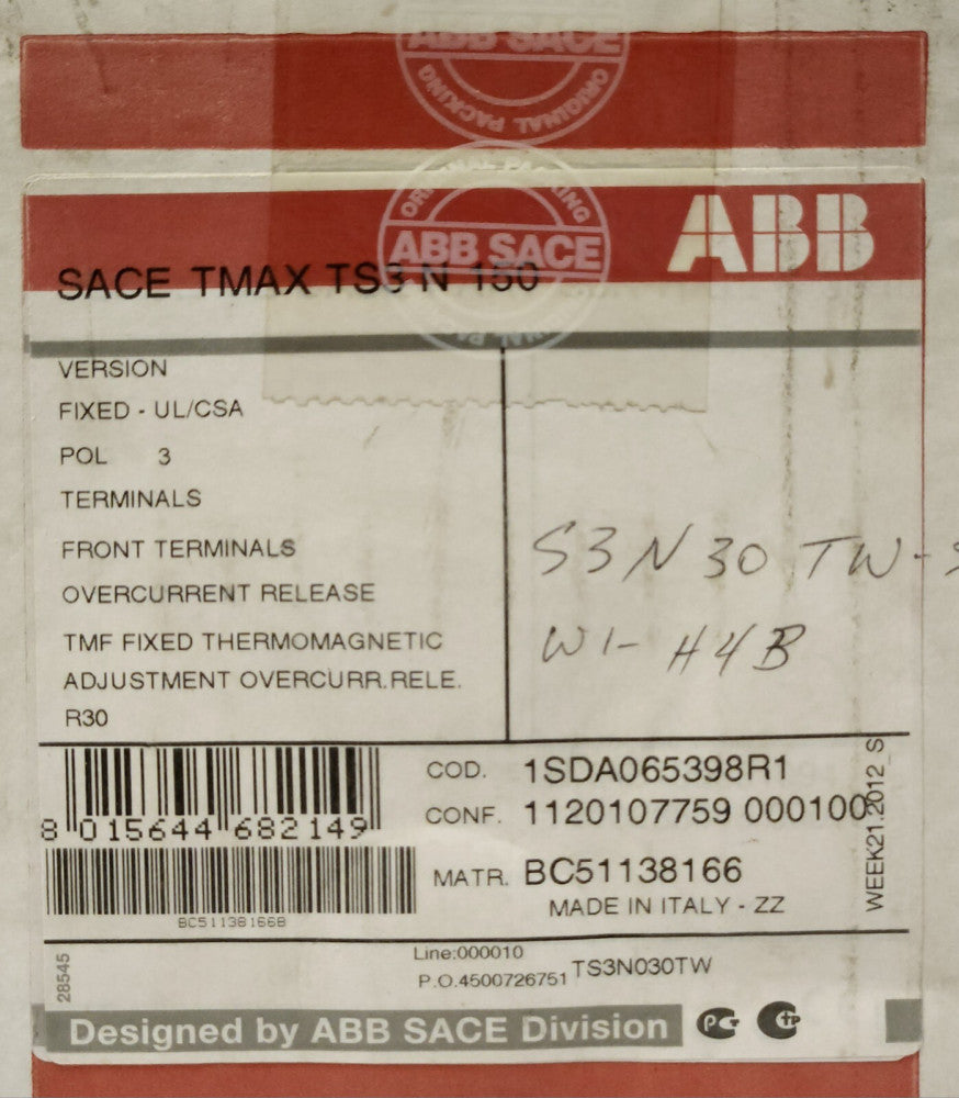 ABB TS3N030TW SACE TMAX TS3 N 100 3 Pole 30 AMP Circuit Breaker 1SDA065398R1