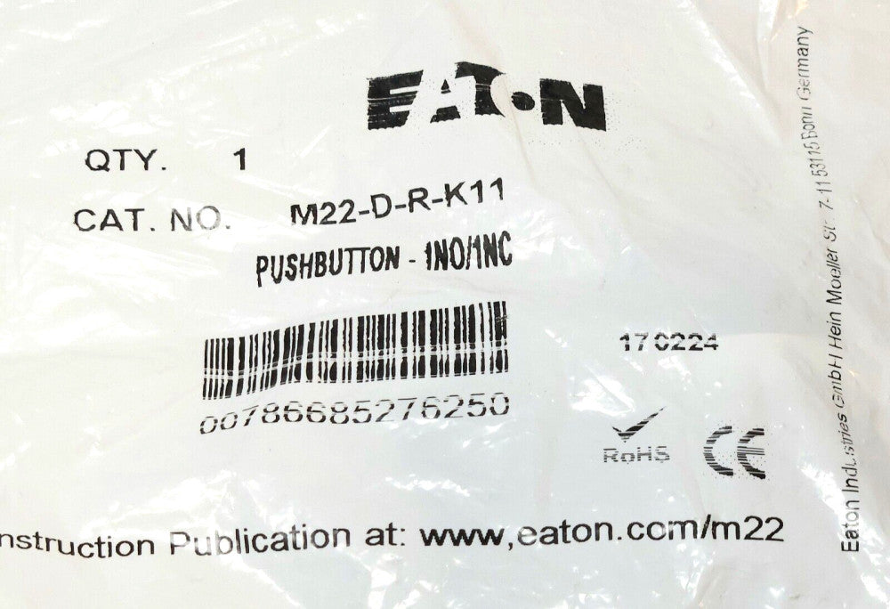 EATON M22 D R K11 RED Flush Head Pushbutton 1 NO 1 NC Contact Block