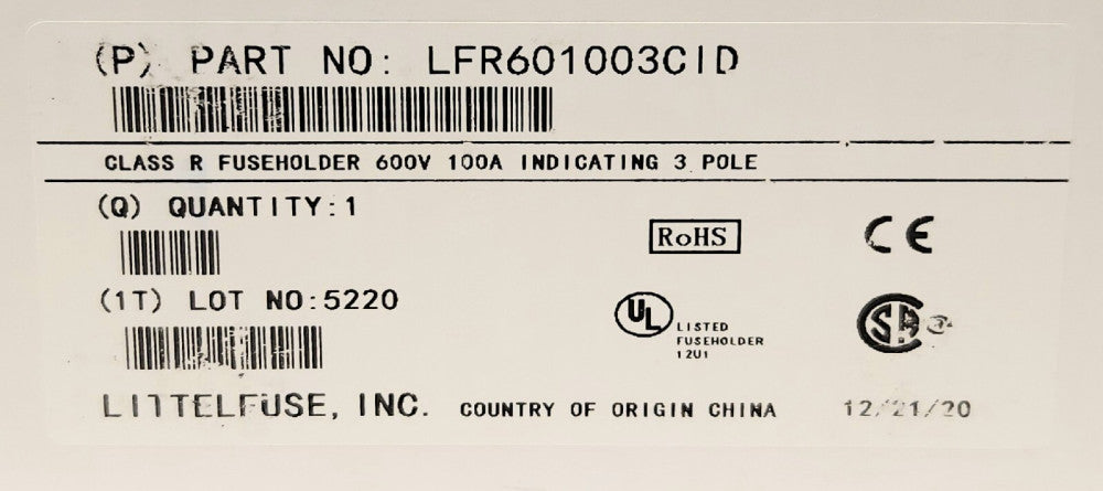 LITTELFUSE LFR601003CID 3 Pole 100 AMP 600 VAC Indicating Fuse Holder