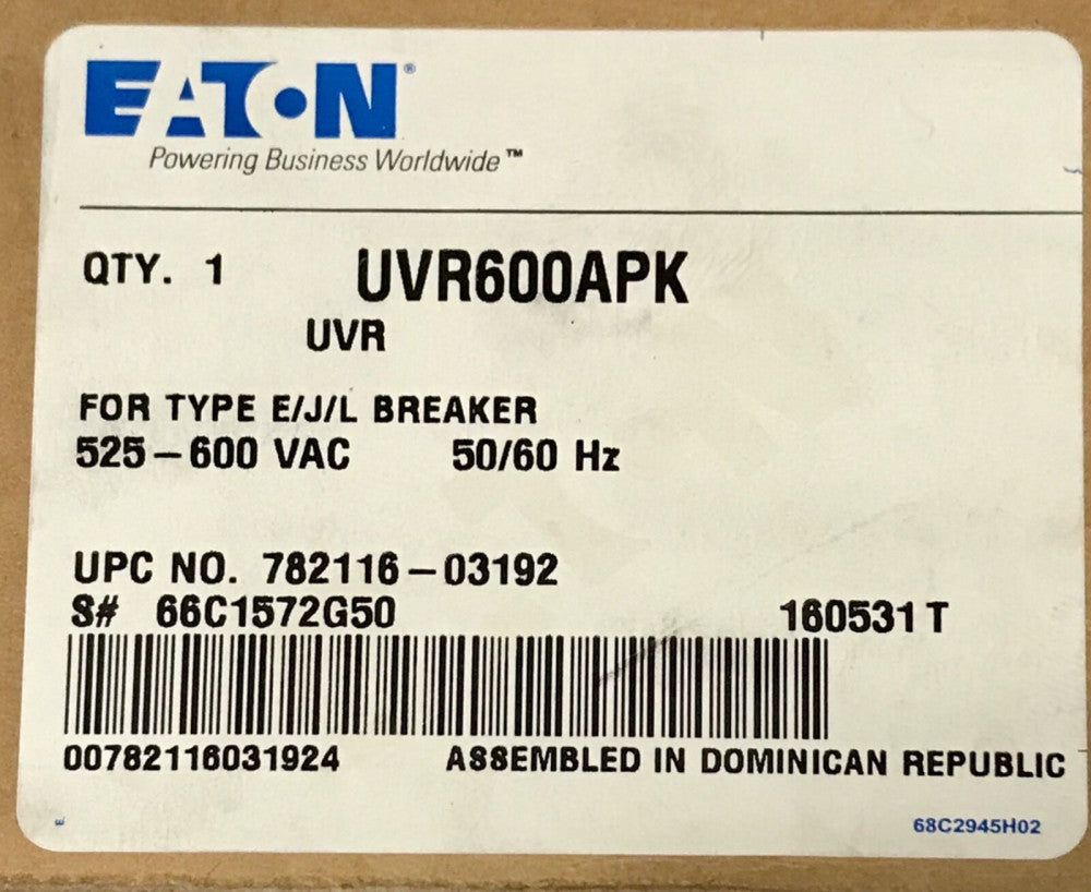 EATON CUTLER HAMMER UVR600APK E J L Breaker UVR Undervoltage Release 525-600 VAC