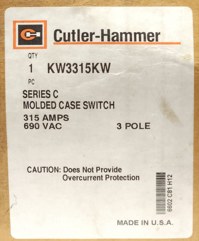 CUTLER HAMMER KW3315KW Molded Case Switch 315 AMPS 690 VAC 3 Pole