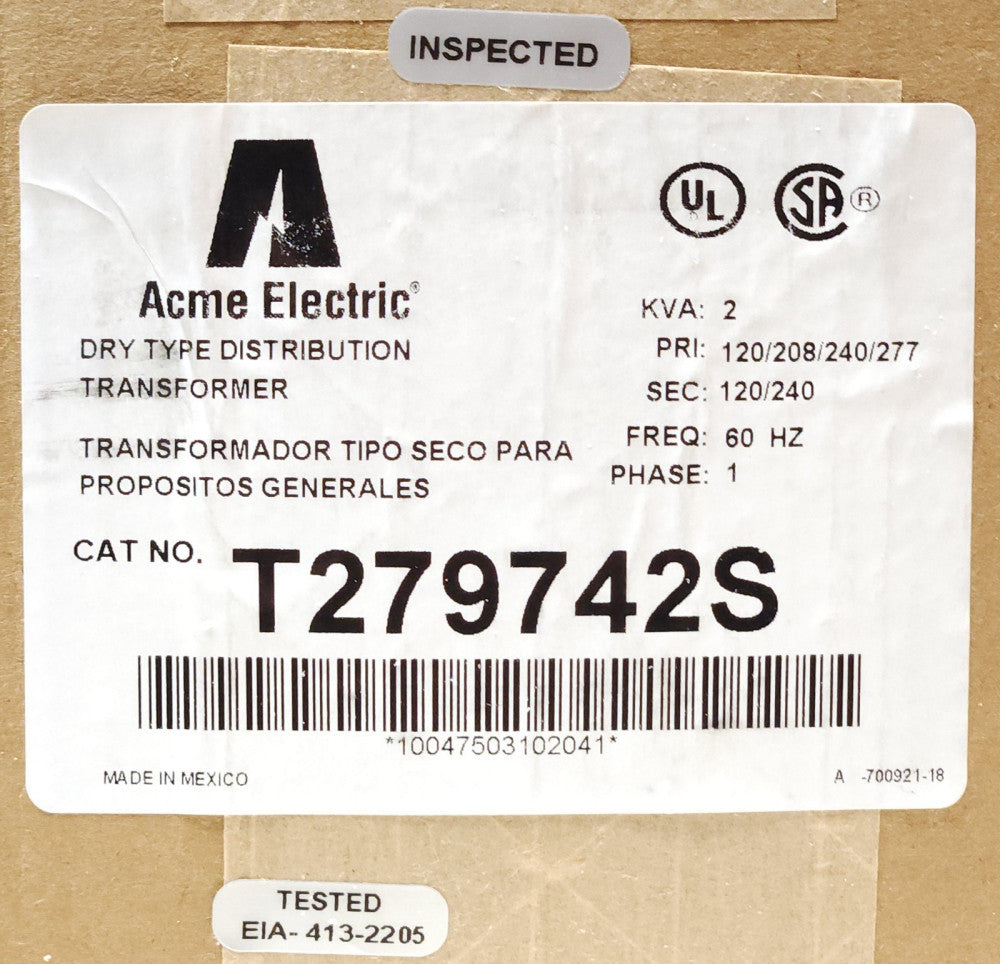 ACME ELECTRIC T279742S General Purpose Transformer 2 KVA Single Phase Primary