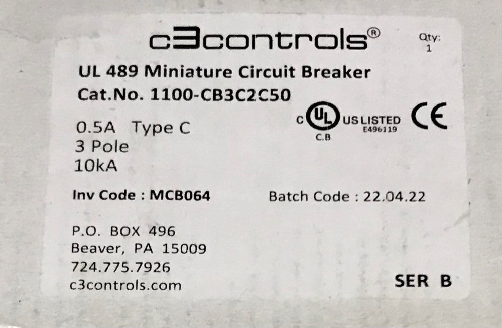 C3 CONTROLS 1100 CB3C2C50 3 Pole 0.5 AMP C0.5 10 KA UL 489 Circuit Breaker