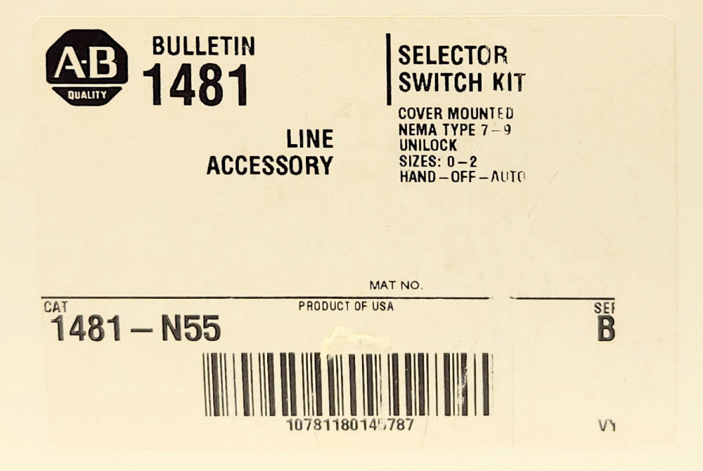 ALLEN BRADLEY 1481 N55 Size 0-2 HOA HAND OFF AUTO Selector Switch Kit Cover