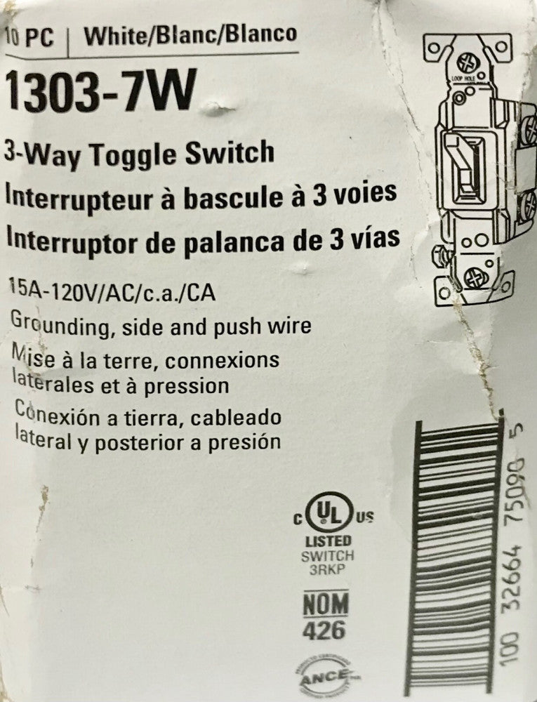 EATON CUTLER HAMMER 1303-7W 15 AMP 120 VAC WHITE 3 WAY TOGGLE Light Switch