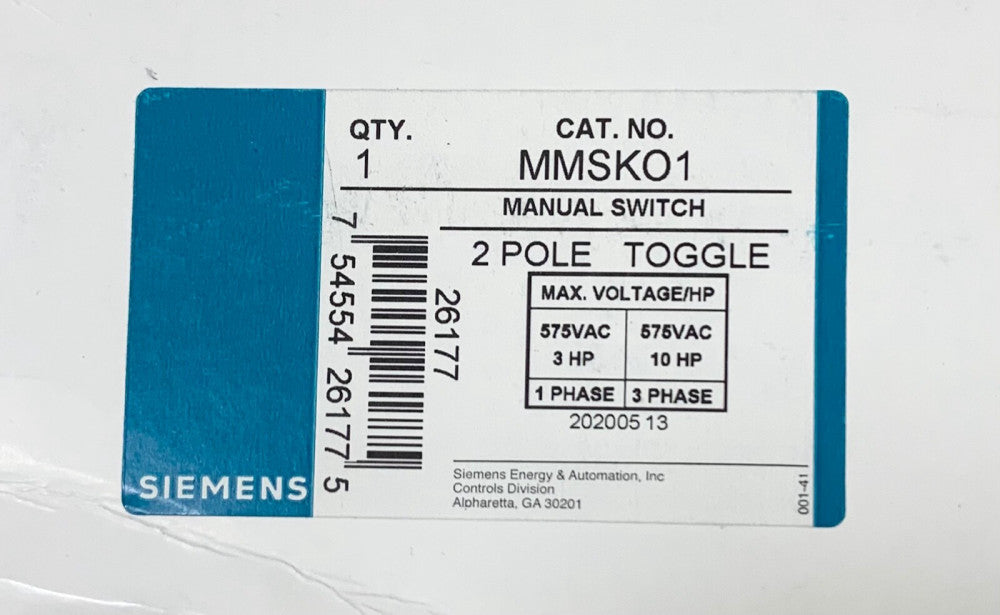 SIEMENS MMSK01 2 Pole Toggle Manual Switch 575 VAC MMSKO1 3-5 HP