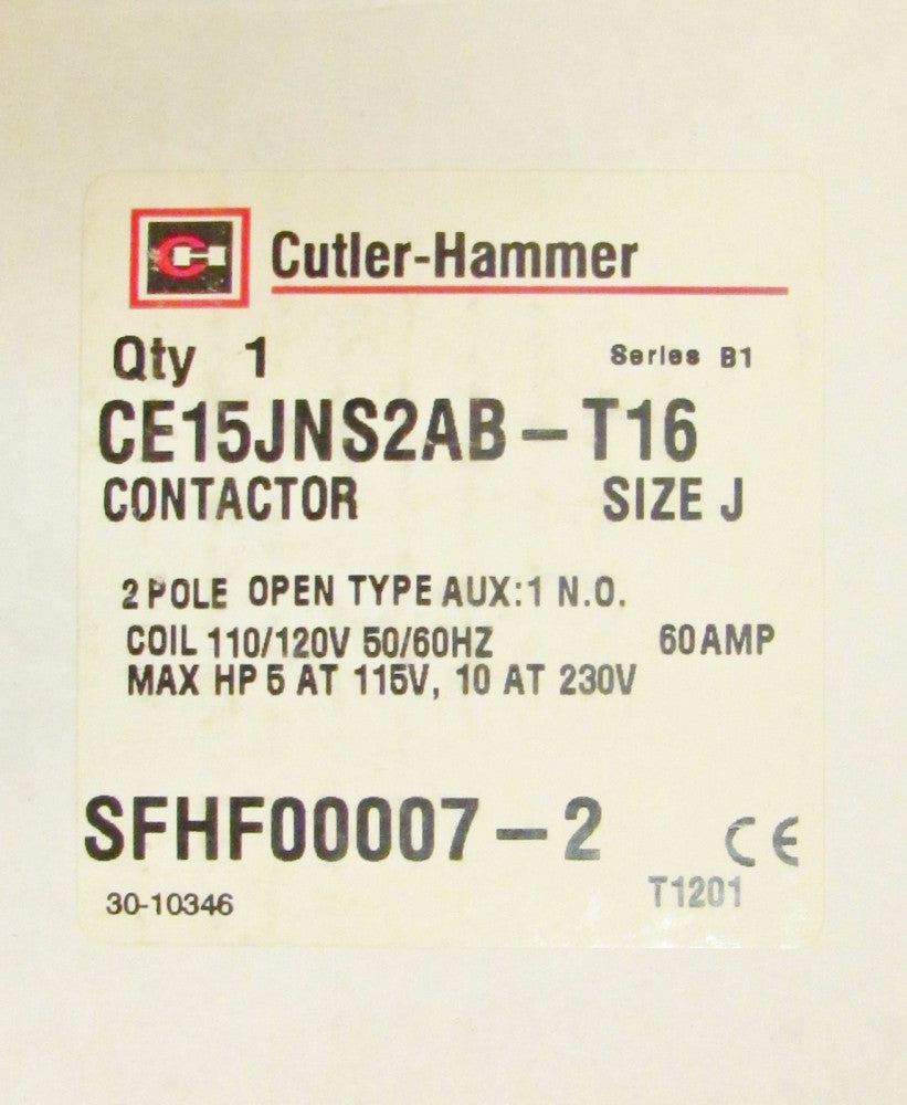 CUTLER HAMMER CE15JNS2AB T16 Size J Contactor 2 Pole 60 Amp 110/120V 30-10346