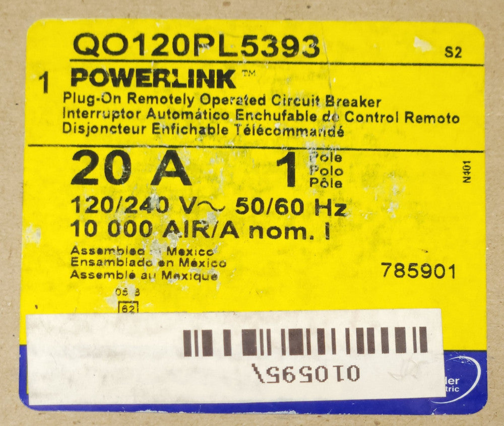 SQUARE D POWERLINK QO120PL5393 Single Pole 20 AMP Type QO Remotely Operated