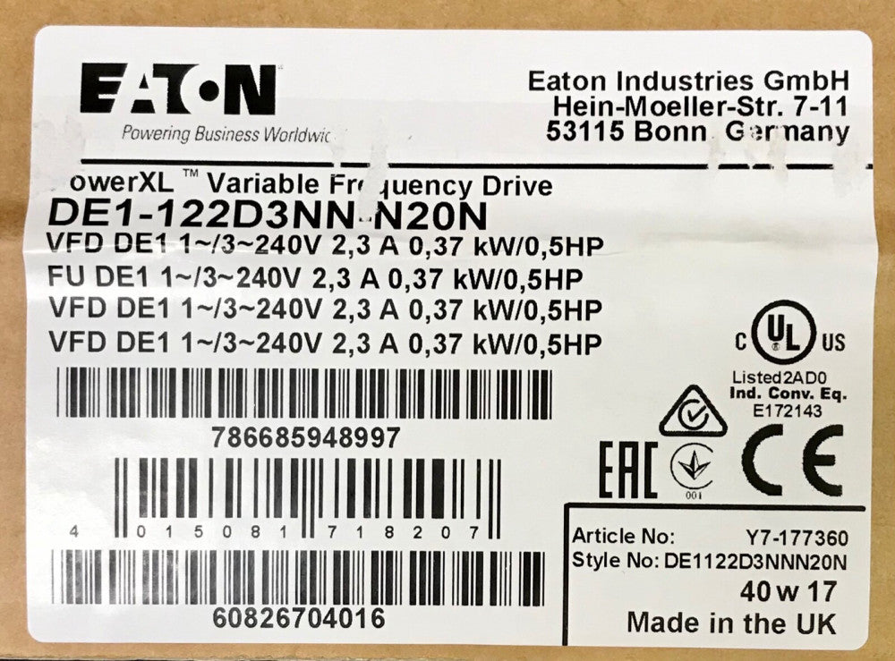 EATON DE1 122D3NN N20N Power XL Variable Frequency Drive .5HP 240 VAC VFD