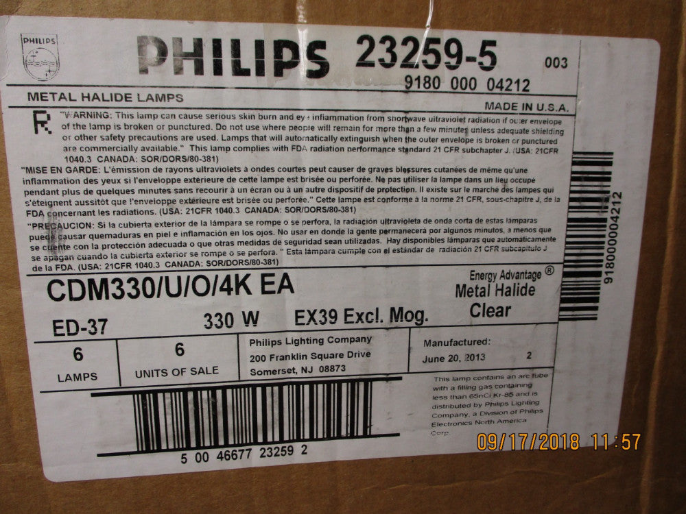 23259-5 Philips 330 Watt Retrofit Energy Advantage Clear Metal Halide BRAND NEW!