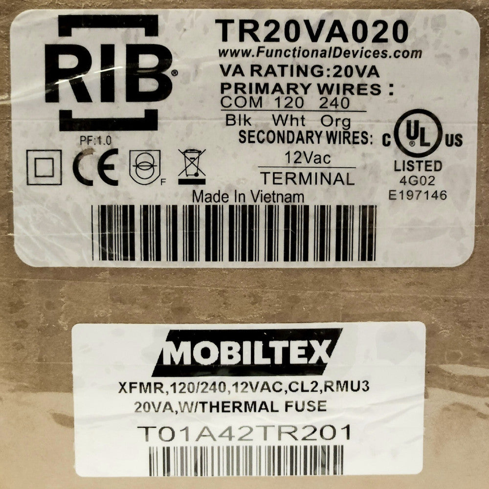 RIB TR20VA020 MOBILTEX T01A42TR201 TRANSFORMER 120 240 12 VAC CL2 RMU3 20 VA