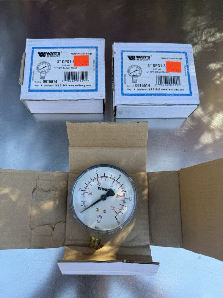 Lot of 3 Watts 3" DPG1-3 Water Pressure Gauge 0-15 PSI - 1/4" NPT Bottom Mount
