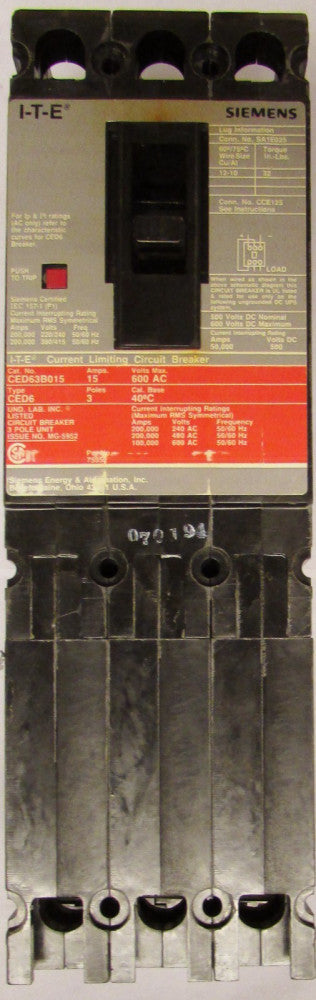 SIEMENS Type CED6 Motor Circuit Interrupter 3 Pole 15 Amp CED63B015