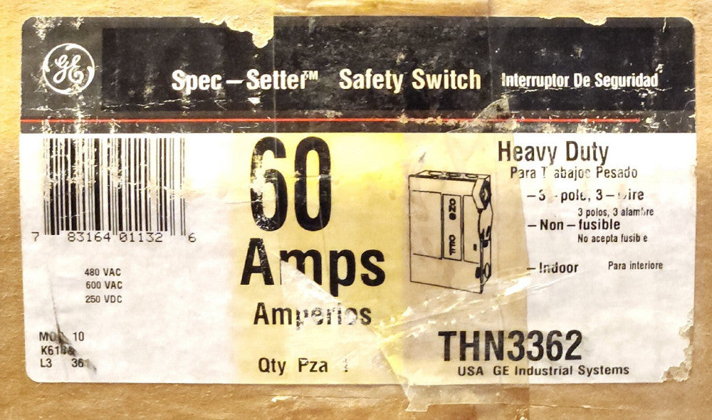 GENERAL ELECTRIC THN3362 3 Pole 60 AMP Safety Switch Nema 1 Indoor Type 3 Wire