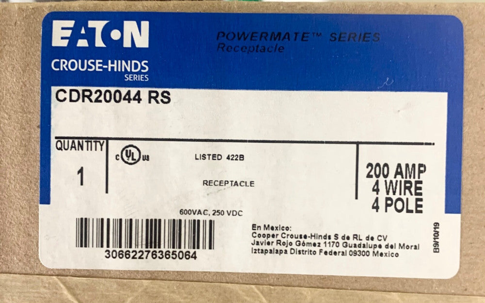 EATON CROUSE HINDS CDR20044 RS 200 AMP 4 Pole 4 Wire Receptacle 250 VDC 600 VAC