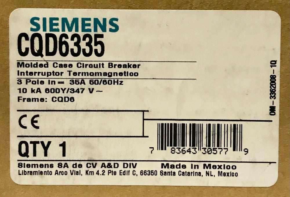 SIEMENS CQD6335 3 Pole 35 AMP Type CQD CQD6 Circuit Breaker