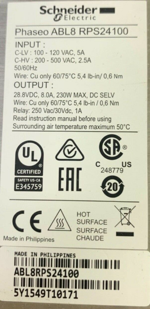 SCHEINDER ELECTRIC ABL8 RPS24100 PHASEO Power Supply