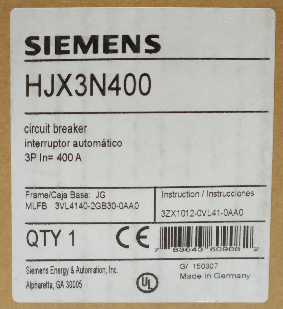 SIEMENS HJX3N400 3 Pole 400 Amp HJGA Frame JG Breaker