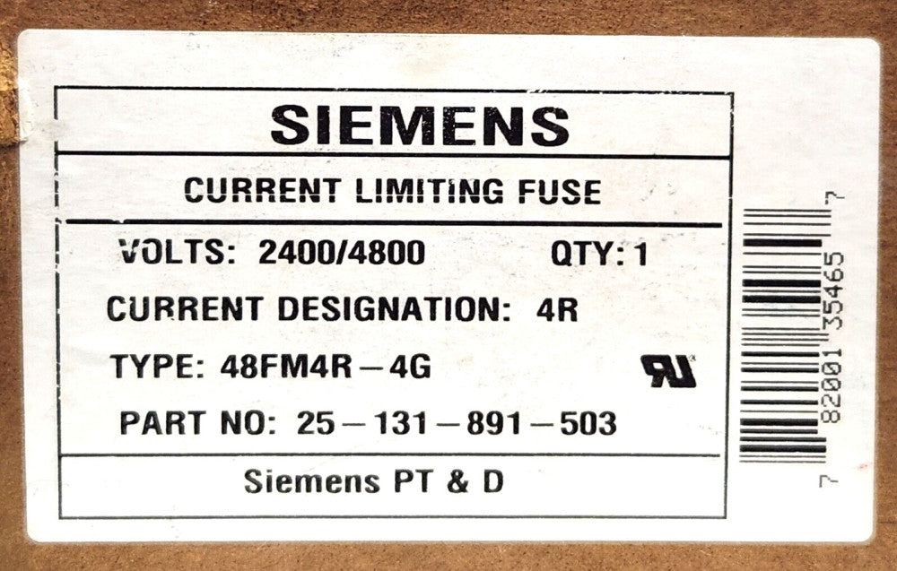 SIEMENS 48FM4R 4G Current Limiting Fuse 25 131 891 503 Current 4R 2400-4800 Volt