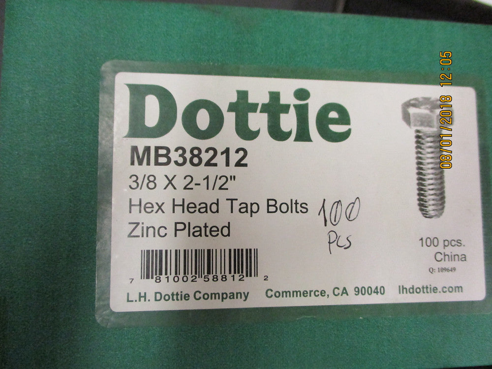 MB38212 Dottie 3/8 X 2-1/2" Hex Head Tap Bolts Zinc Plated BRAND NEW! LOT OF 100