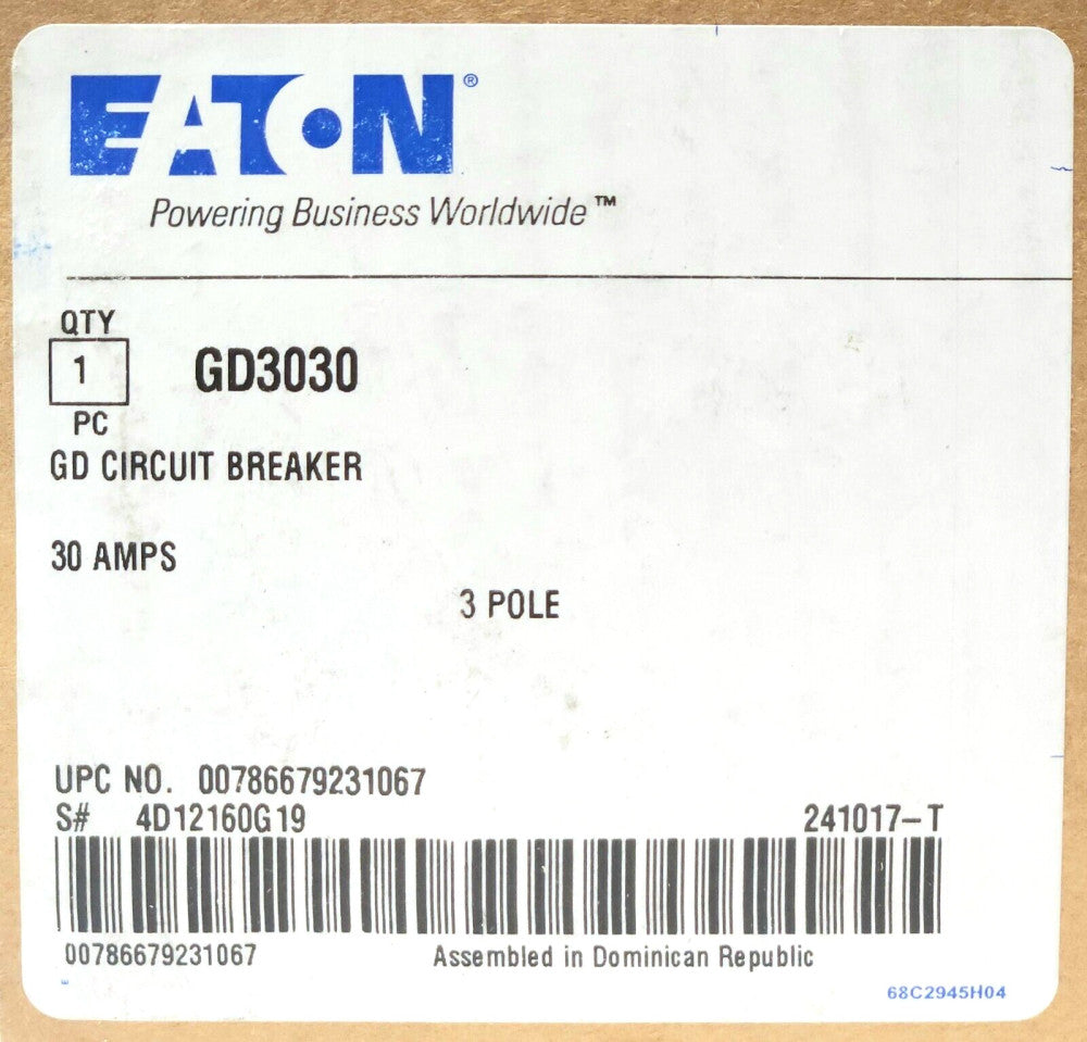 EATON CUTLER HAMMER GD3030 3 Pole 30 AMP Type GD Circuit Breaker