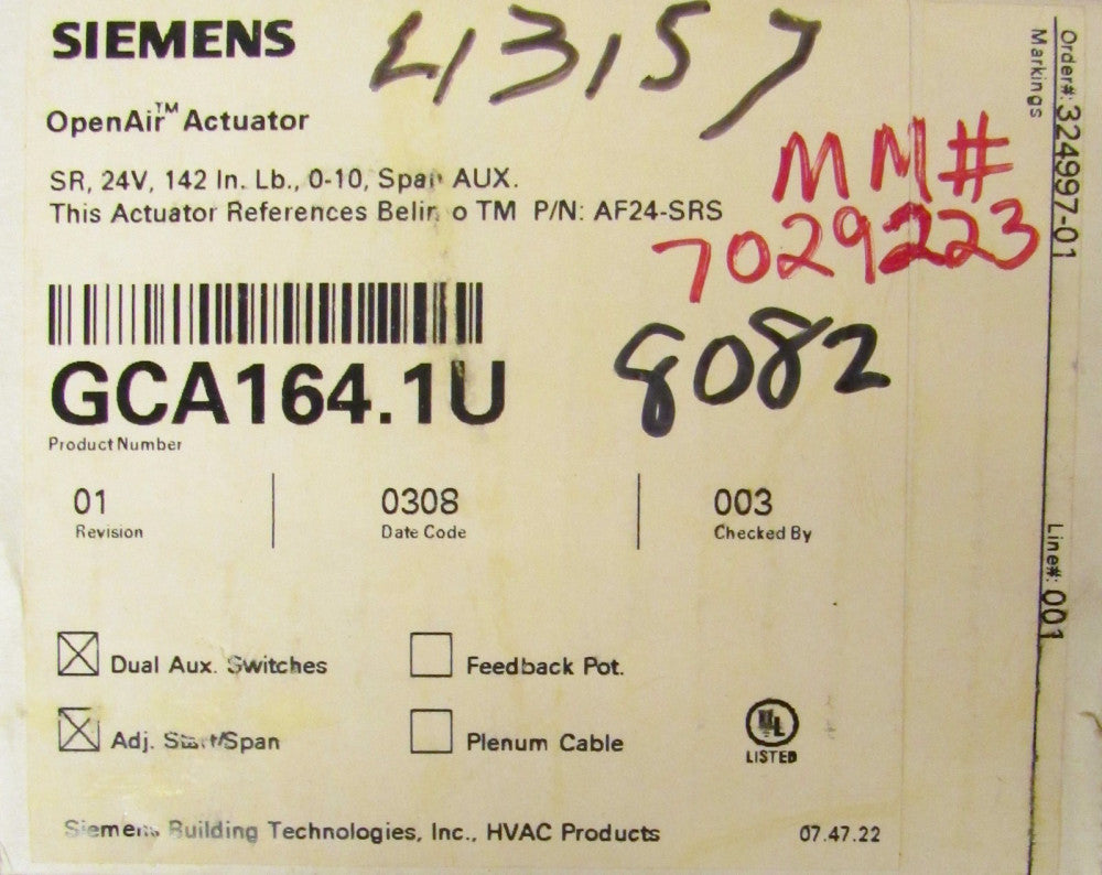 SIEMENS GCA164.1I Open Air Actuator SR 24V 142 In. LB GCA164 1U