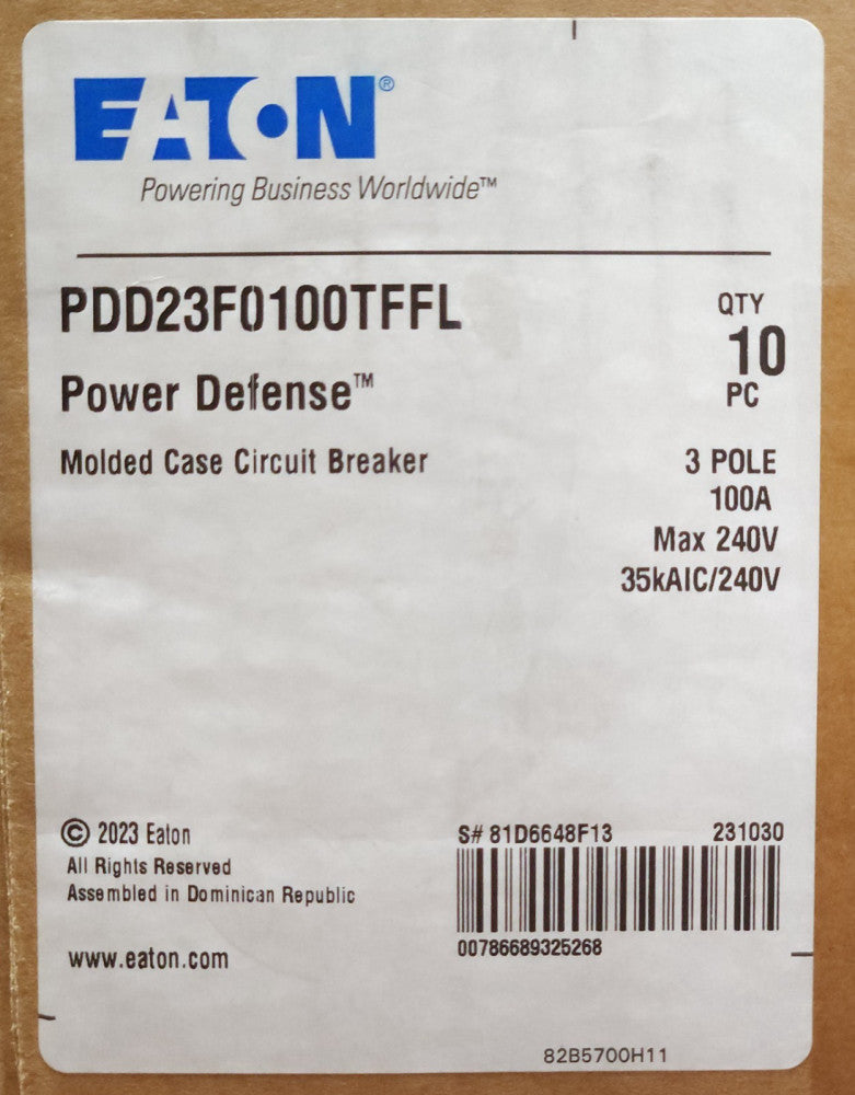 EATON PDD23F0100TFFL 3 Pole 100 AMP Type PDD2 POWER DEFENSE Circuit Breaker