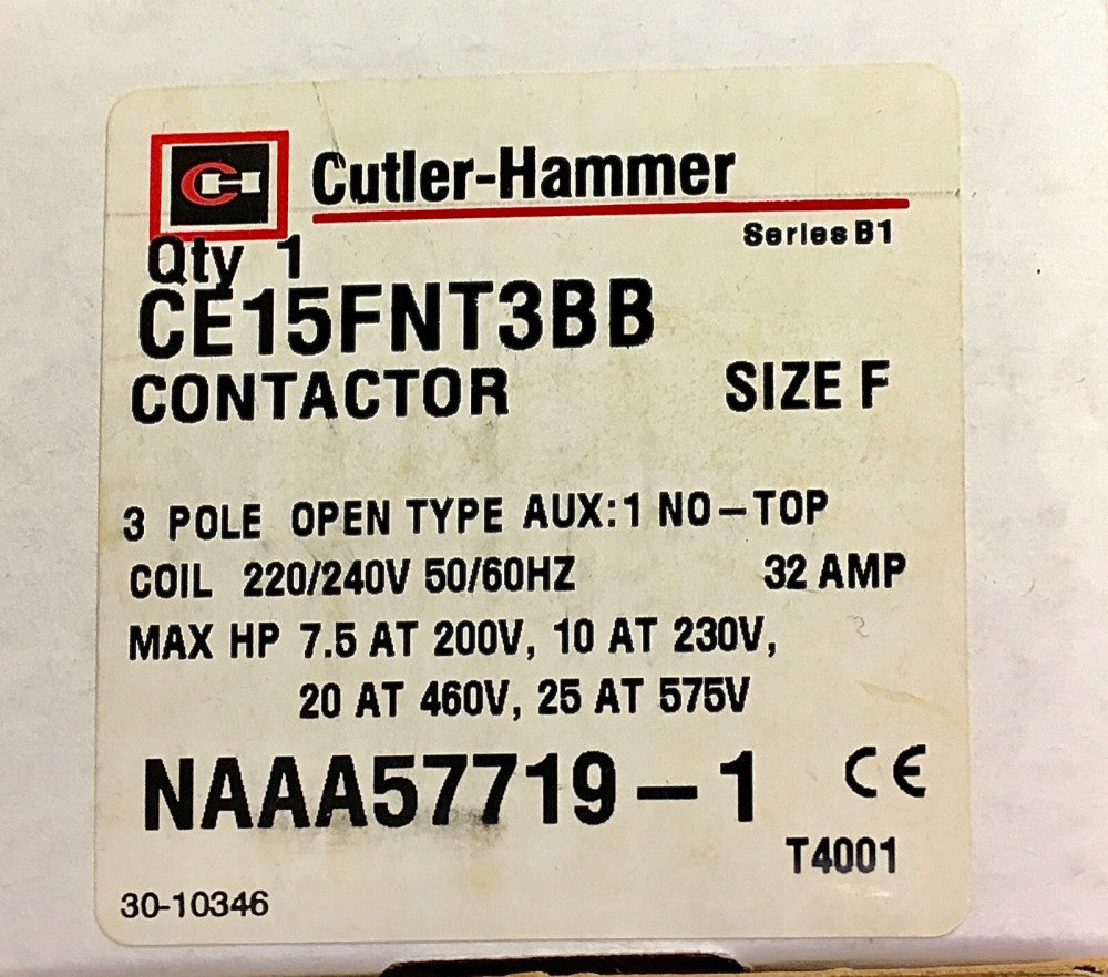 EATON CUTLER HAMMER CE15FNT3BB 3Pole 32AMP 220 240 Contactor Top Mount Auxiliary