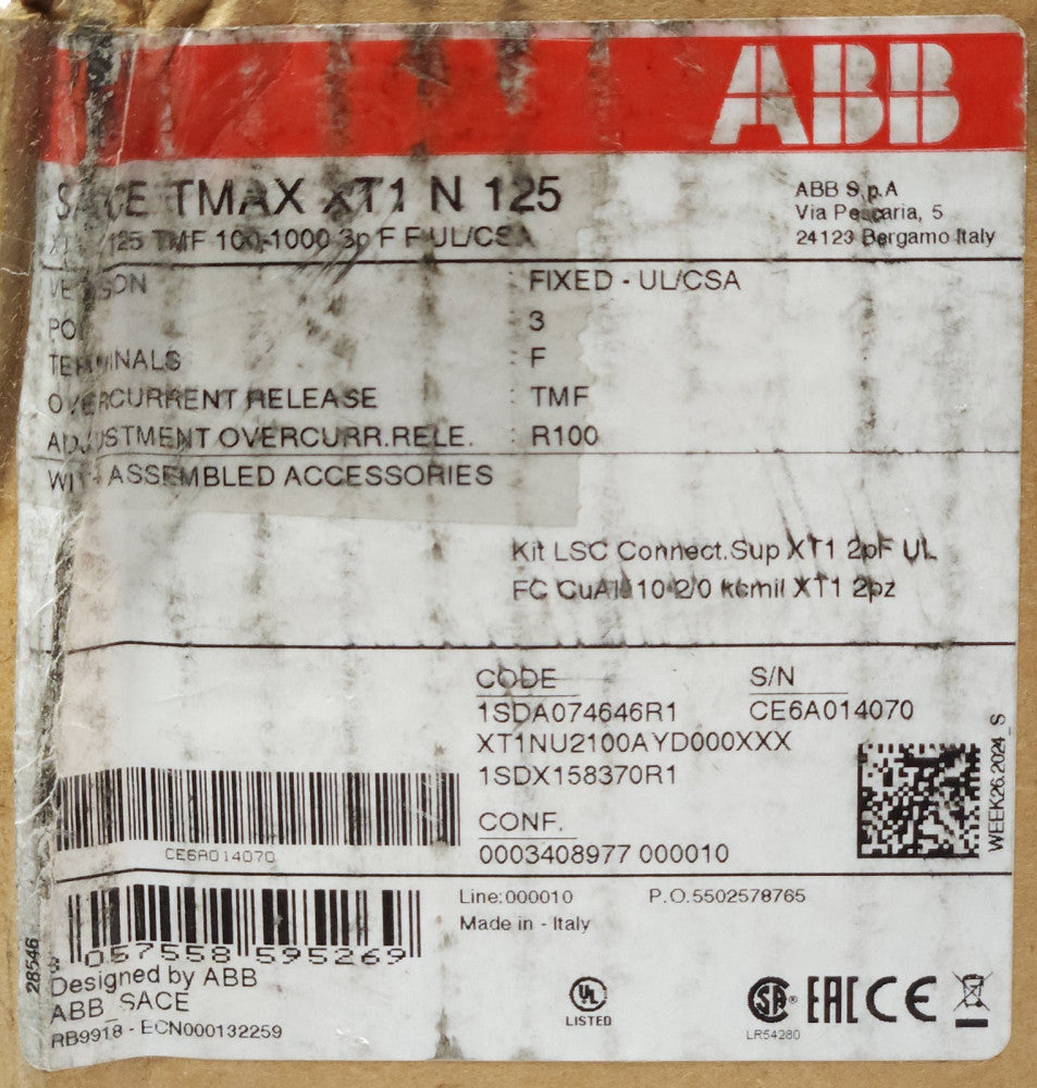 ABB SACE TMAX XT1 N 125 3 Pole 100 AMP XTIN 125 With LSC Plug In Mounting Module