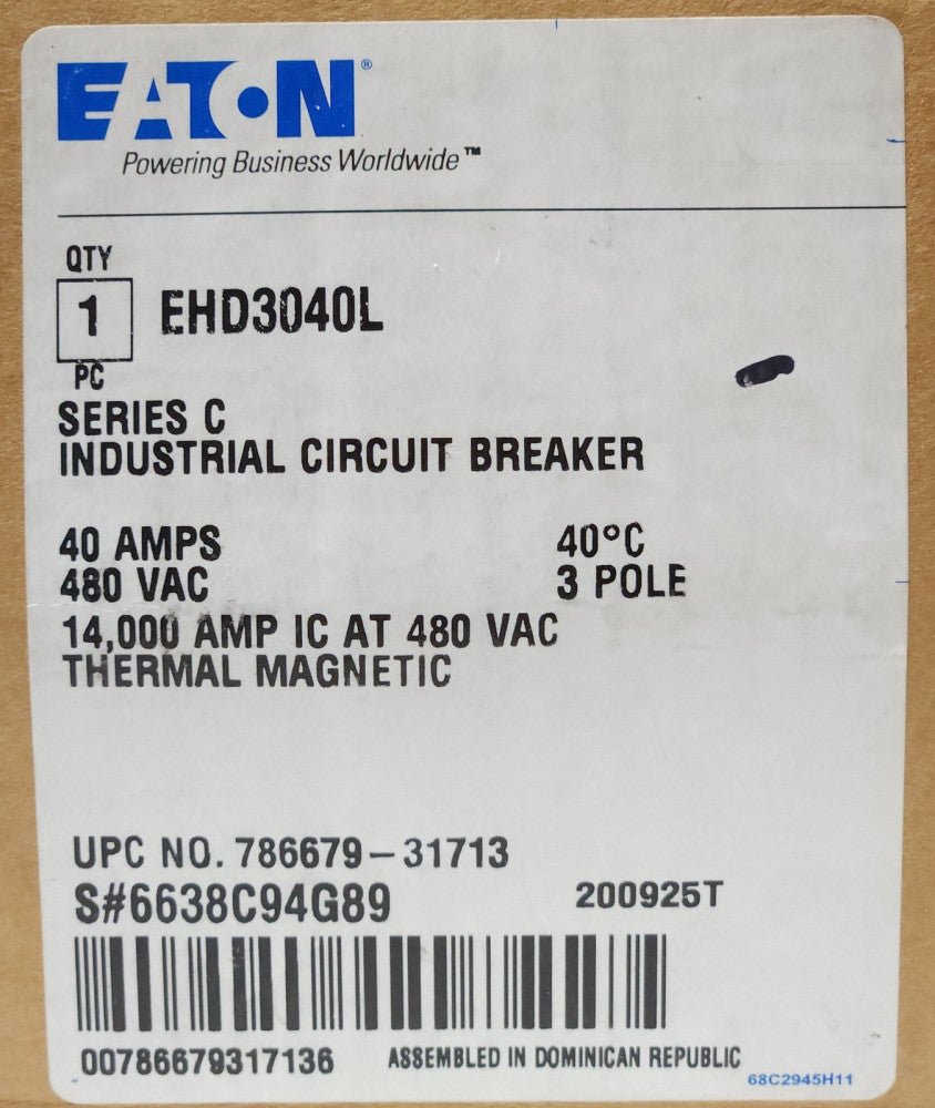 EATON CUTLER HAMMER EHD3040L 3 Pole 40 AMP Type EHD Circuit Breaker Line + Load