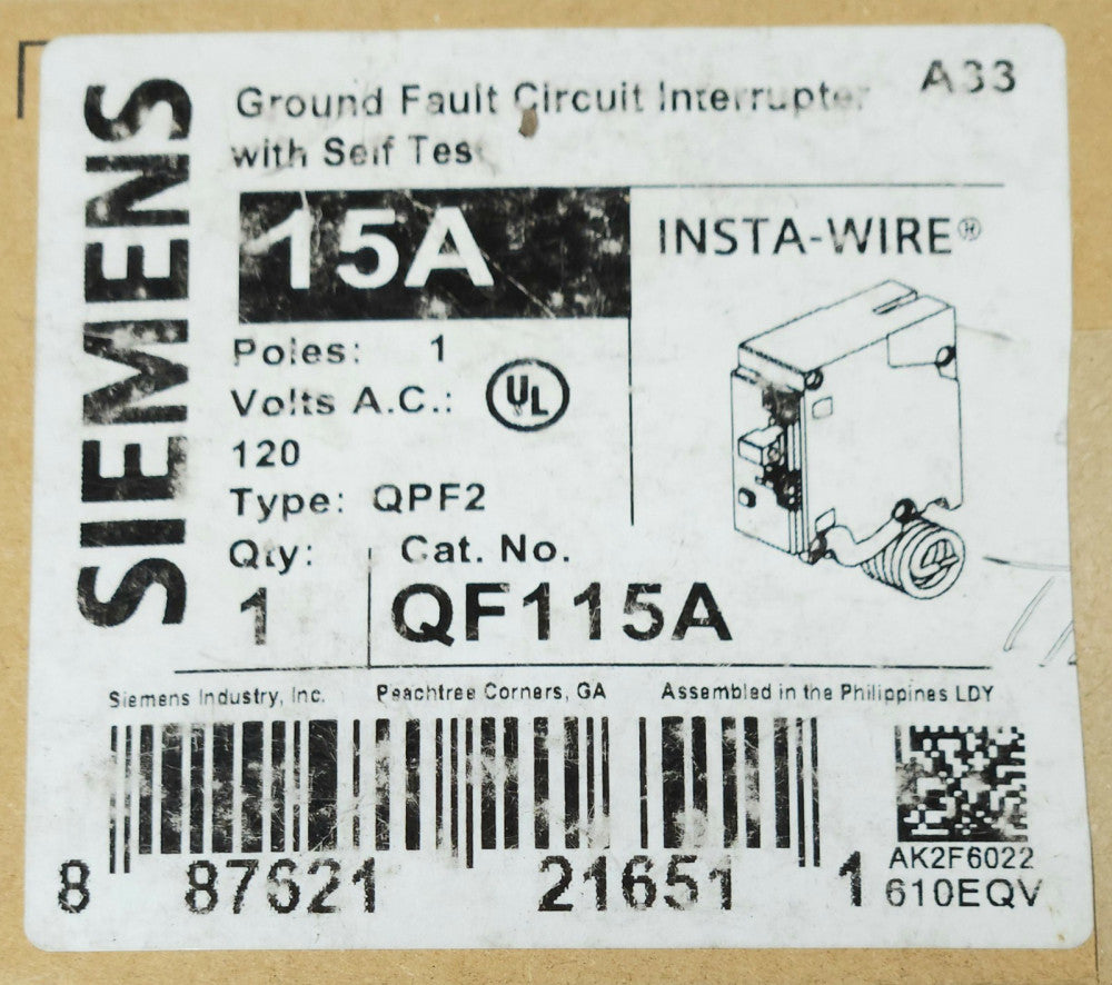 SIEMENS Single Pole 15 AMP Type QPF2 Ground Fault Circuit Breaker Self Test