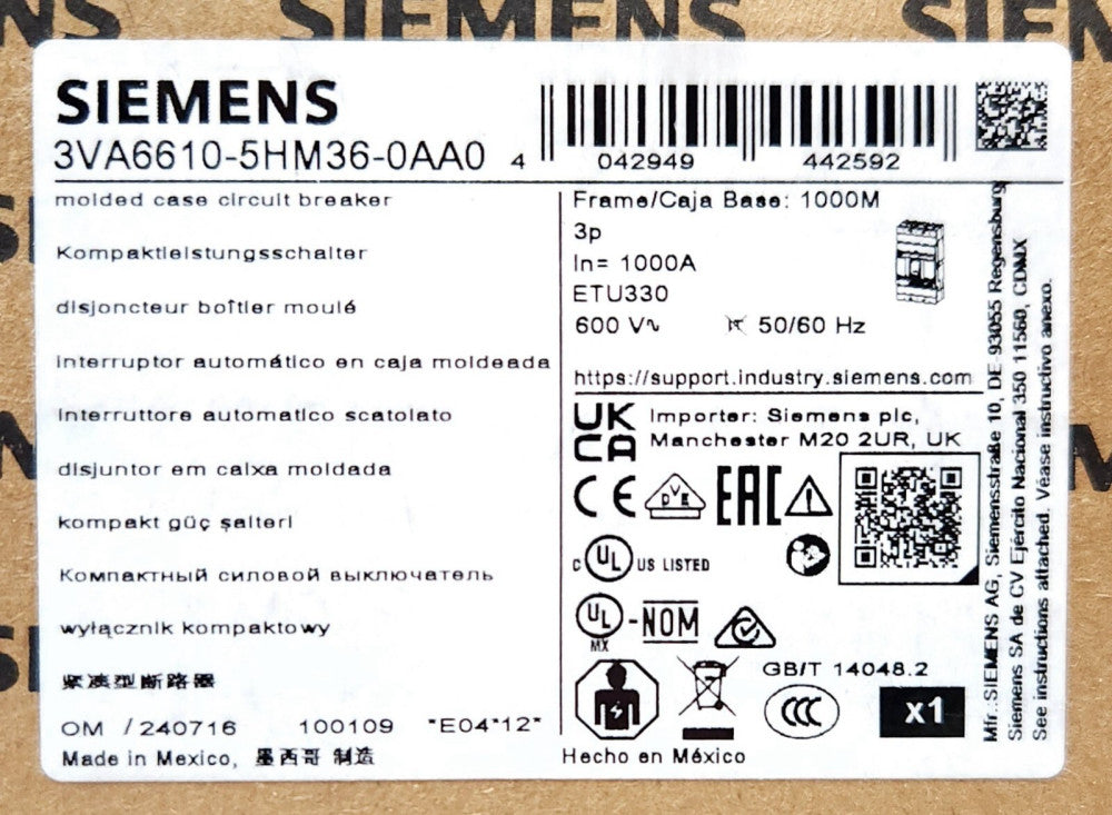 SIEMENS 3VA6610 5HM36 0AA0 3 Pole 1000 AMP 3VA6 MMNAE Frame 1000M NAVAL