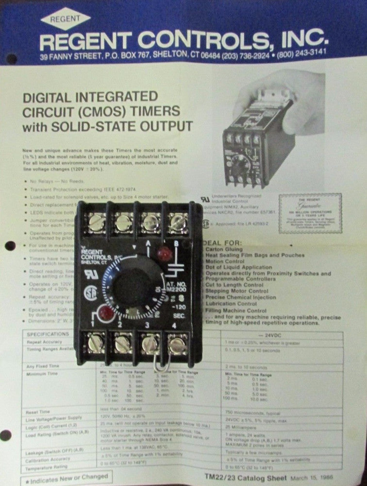 Regent Controls TM2200 D25 120 Solid State 120V 2 Skunde Timing Relay