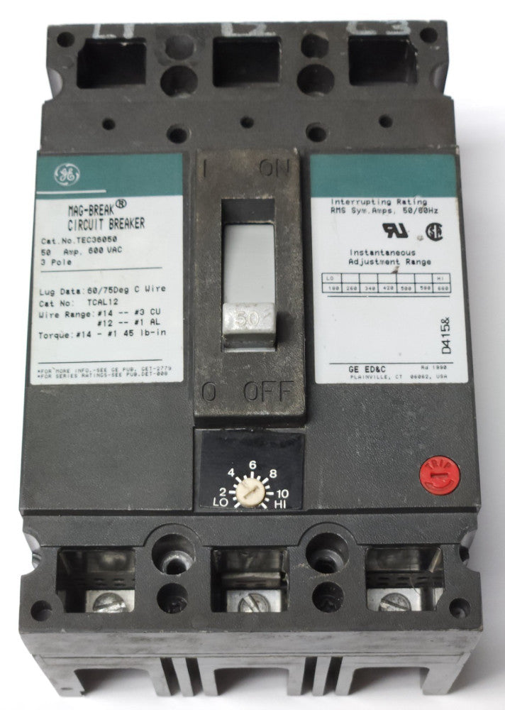 GENERAL ELECTRIC TEC36050 3 Pole 50 AMP Type TEC MAG BREAK Circuit Breaker Motor