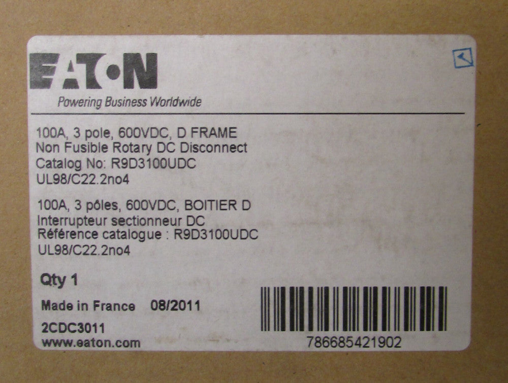 EATON R9D3100UDC 3 Pole 100 Amp 600VDC Non Fusible Rotary DC Disconnect Switch