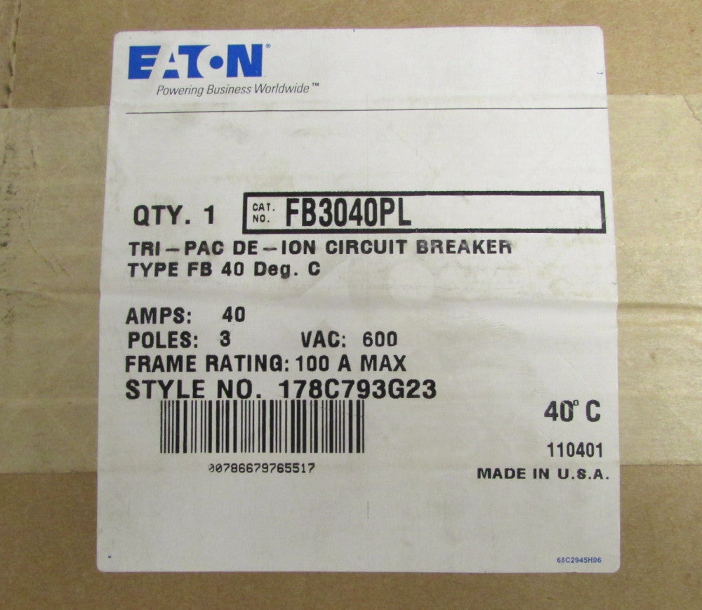 EATON CUTLER HAMMER FB3040PL 3 Pole 40 Amp FB TRI PAC Breaker