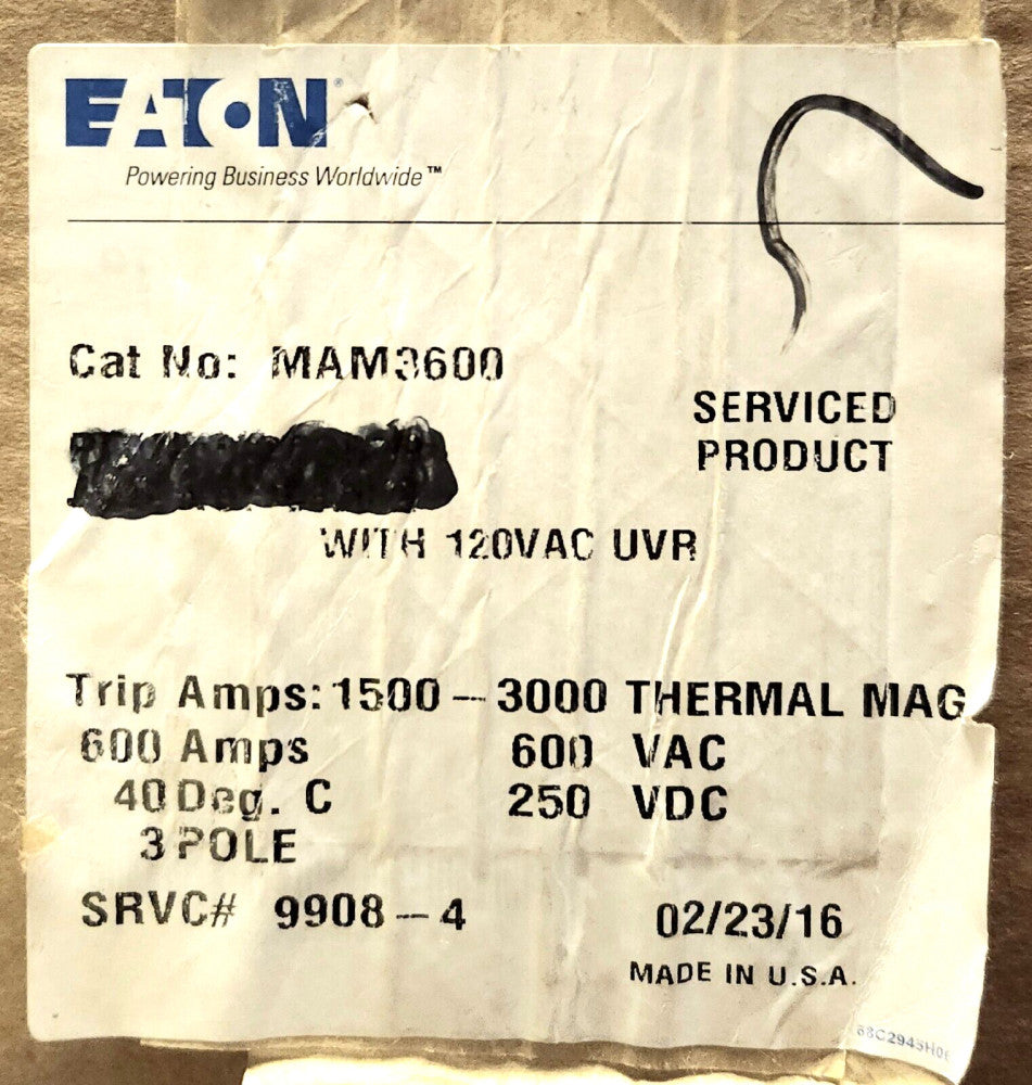 EATON CUTLER HAMMER MAM3600 3 Pole 600 AMP Type MAM MINING Circuit Breaker 120
