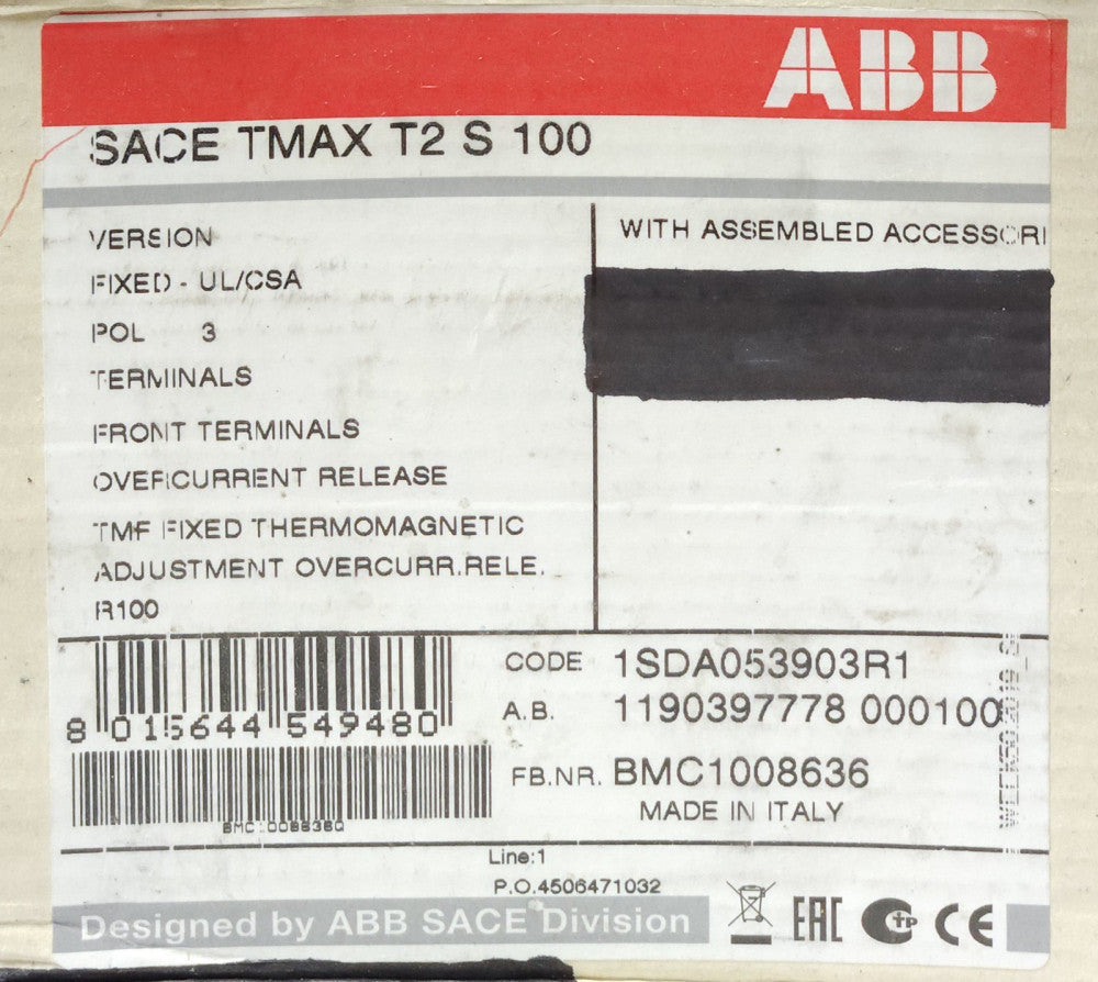 ABB SACE TMAX T2 S 100 SACET2S100 3 Pole 100 AMP with Overcurrent Release 1SDA05