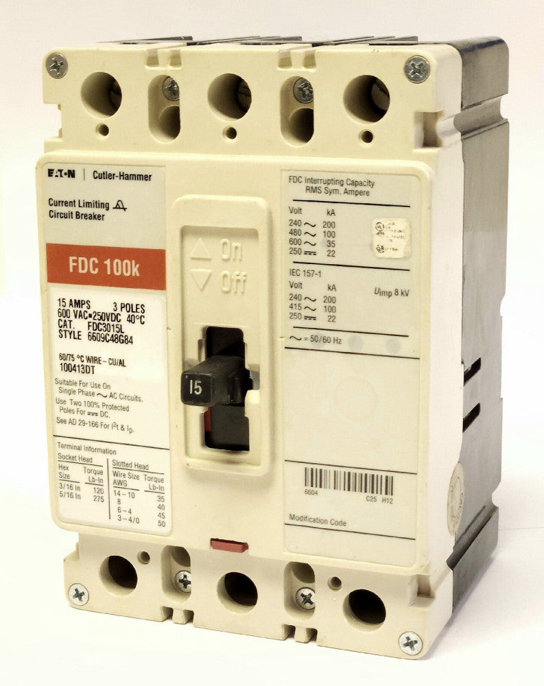 EATON CUTLER HAMER FDC3015L 3 Pole 15 AMP FDC3015 Circuit Breaker LINE LOAD LUGS