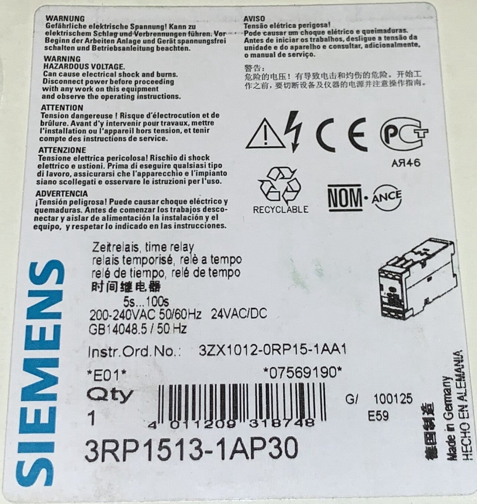 SIEMENS 3RP1513 1AP30 200-240 VAC 24 VAC VDC Timing Relay Timer Module