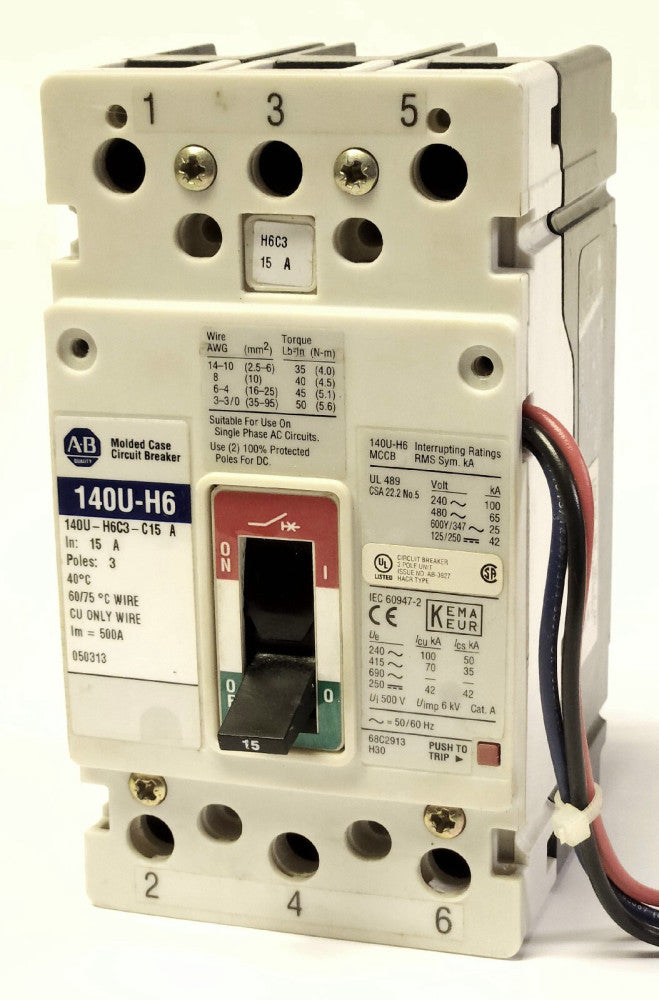 ALLEN BRADLEY 140U H6C3 C15 A 3 Pole 15 AMP 140U-H6 Circuit Breaker 1A 1B Aux