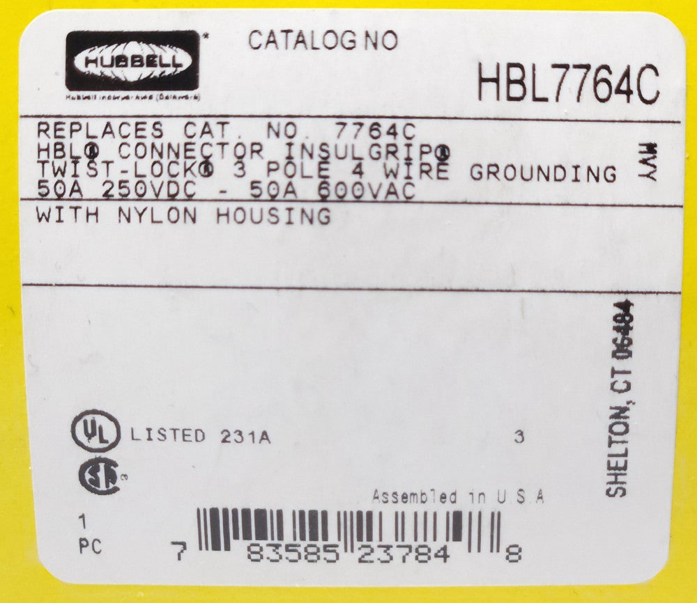 HUBBELL HBL7764C Type HBL 7764C Twist Lock Connector Receptacle 3 Pole 50 AMP 60