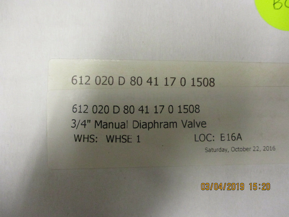 612 020 D 80 41 17 0 1508 Gemu 612 3/4" Diaphragm Valve 3/4"Tri-Clamp BRAND NEW!